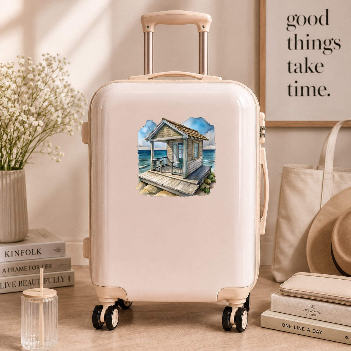 Beach Cottage Porch Ocean View UV DTF sticker applied to a cream carry-on suitcase