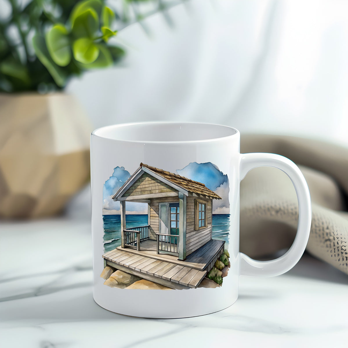 Beach Cottage Porch Ocean View UV DTF sticker applied to a white coffee mug