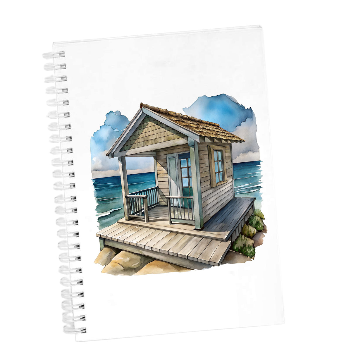 Beach Cottage Porch Ocean View UV DTF sticker applied to the cover of a white spiral journal