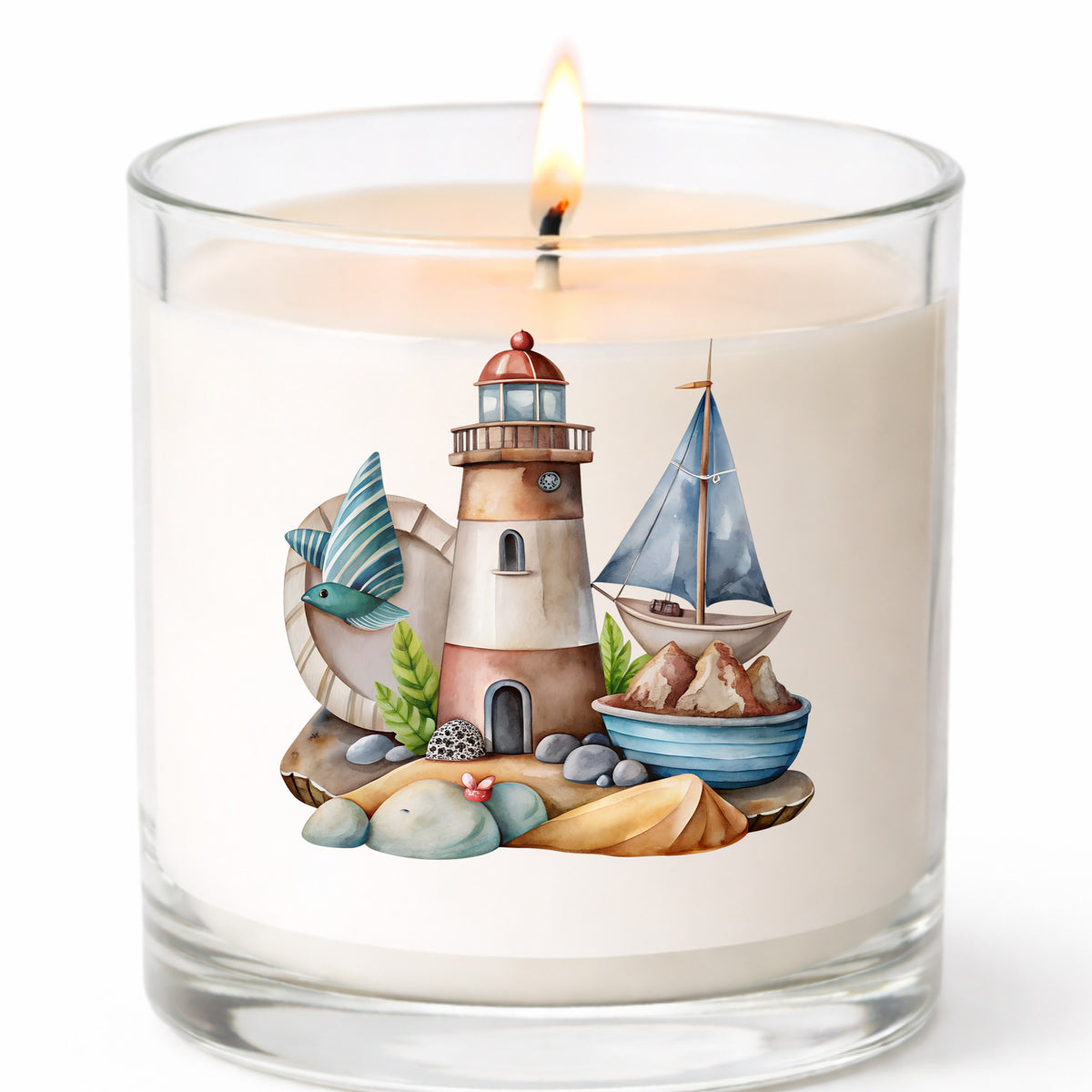 Lighthouse Sailboat Seaside Scene UV DTF sticker applied to a white candle in a clear glass jar