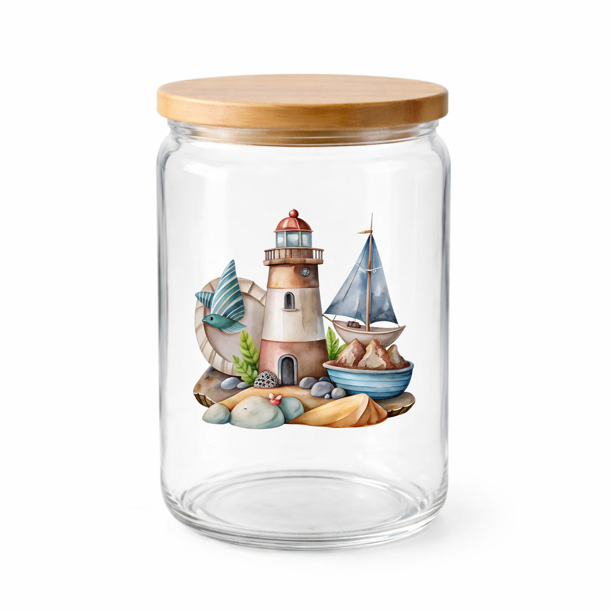 Lighthouse Sailboat Seaside Scene UV DTF sticker applied to a clear glass jar with a wooden lid