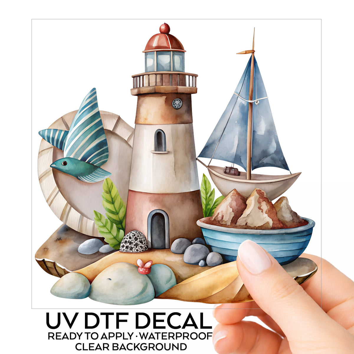 Lighthouse Sailboat Seaside Scene UV DTF sticker on its backing card, held in hand