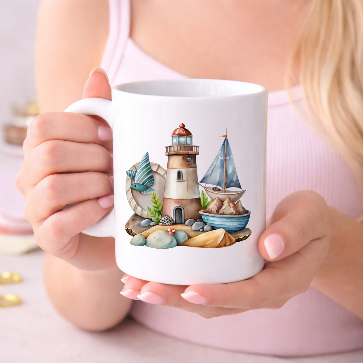 Lighthouse Sailboat Seaside Scene UV DTF sticker applied to a white coffee mug held in both hands