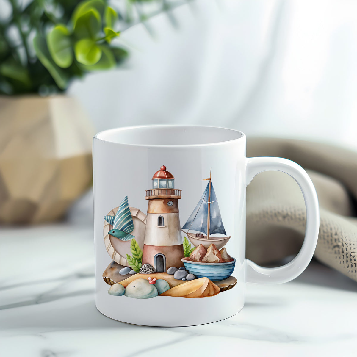 Lighthouse Sailboat Seaside Scene UV DTF sticker applied to a white coffee mug