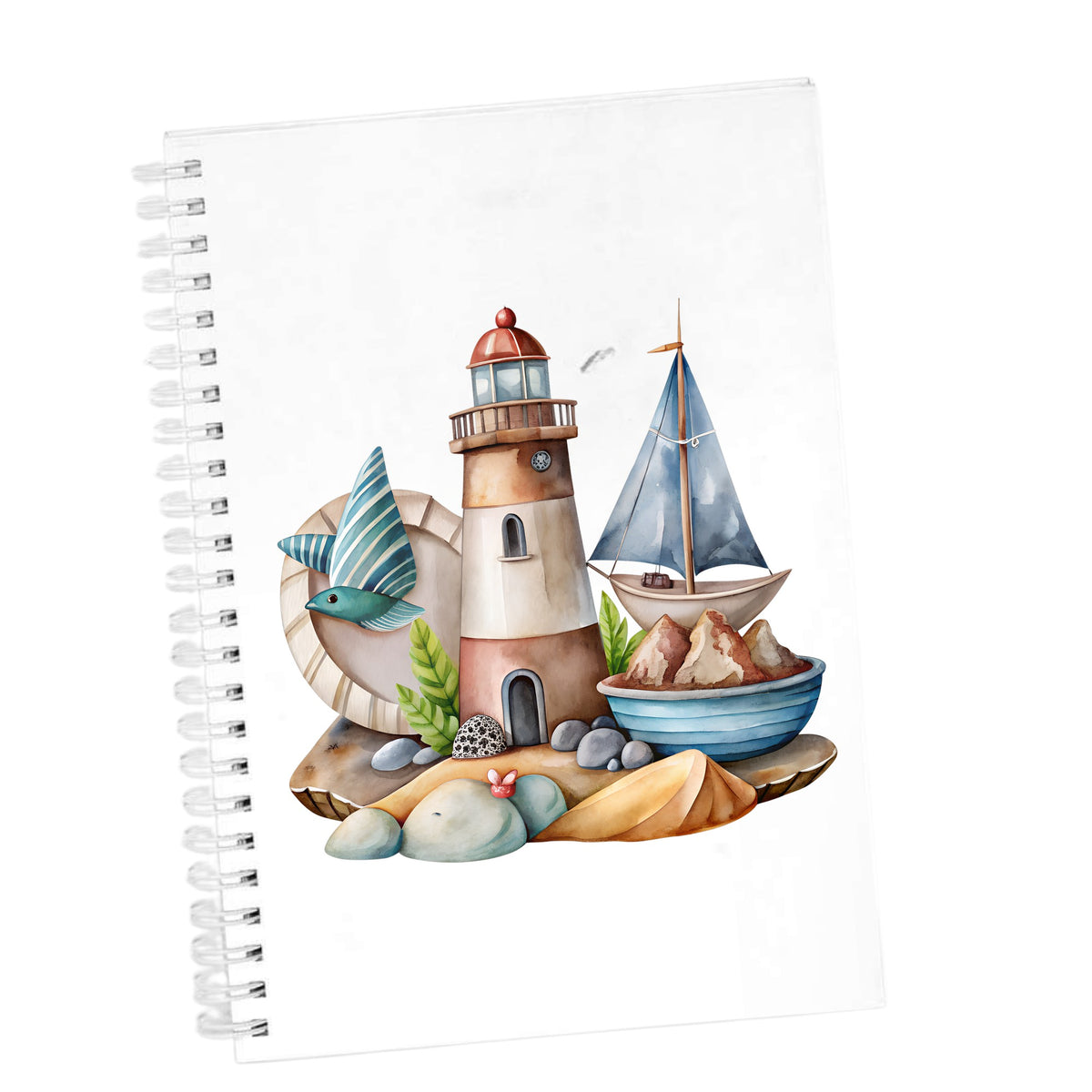 Lighthouse Sailboat Seaside Scene UV DTF sticker applied to the cover of a white spiral journal