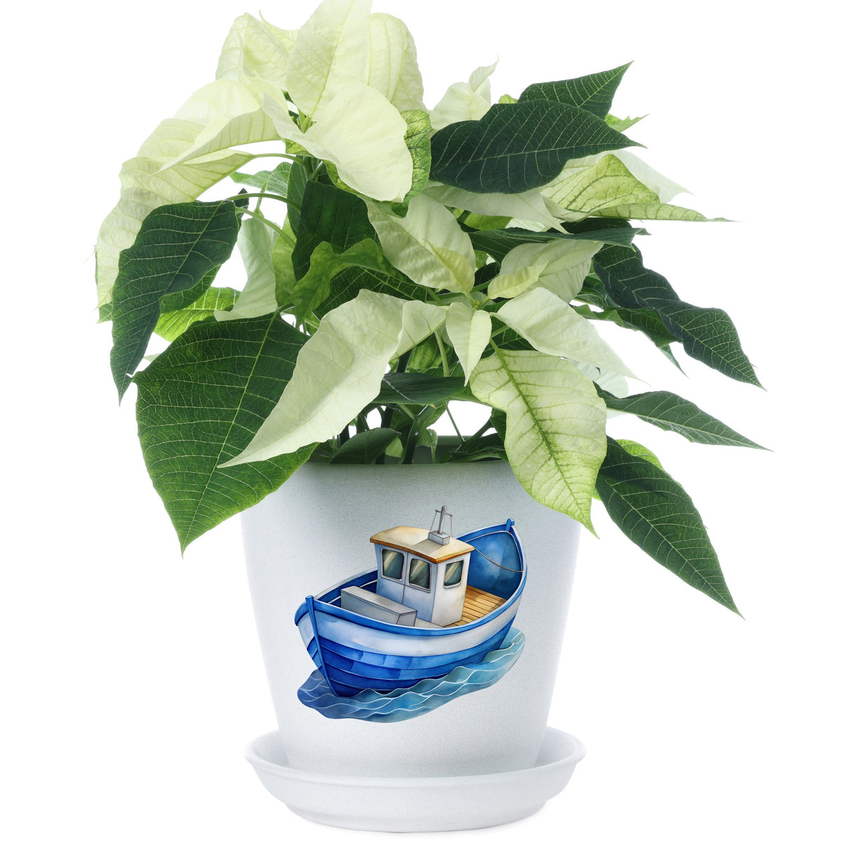 Blue Fishing Boat On Waves UV DTF sticker applied to a white flower pot