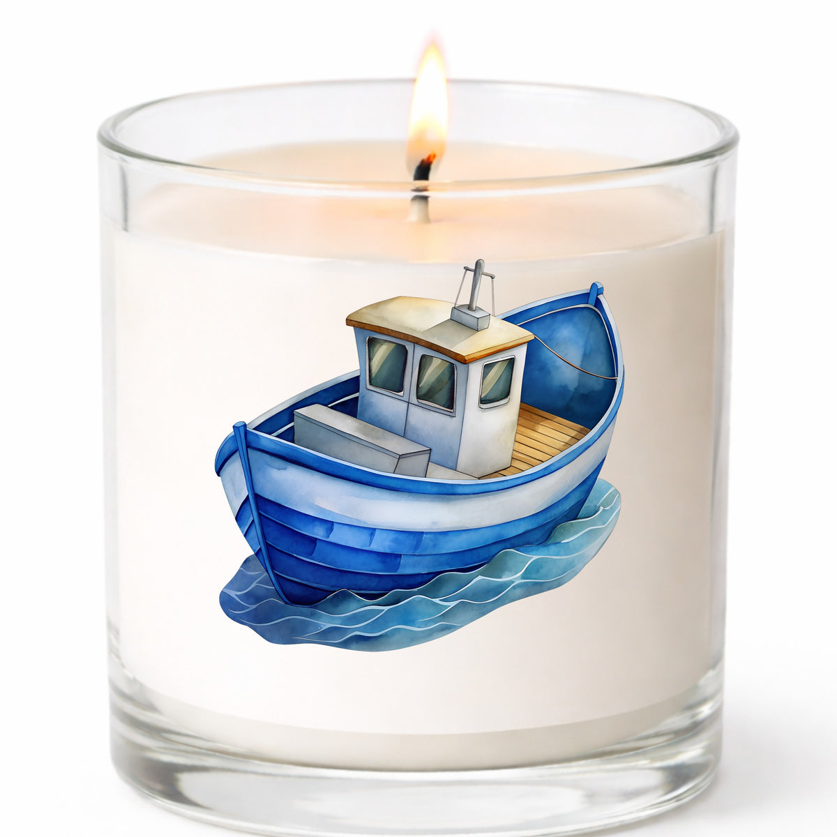 Blue Fishing Boat On Waves UV DTF sticker applied to a white candle in a clear glass jar