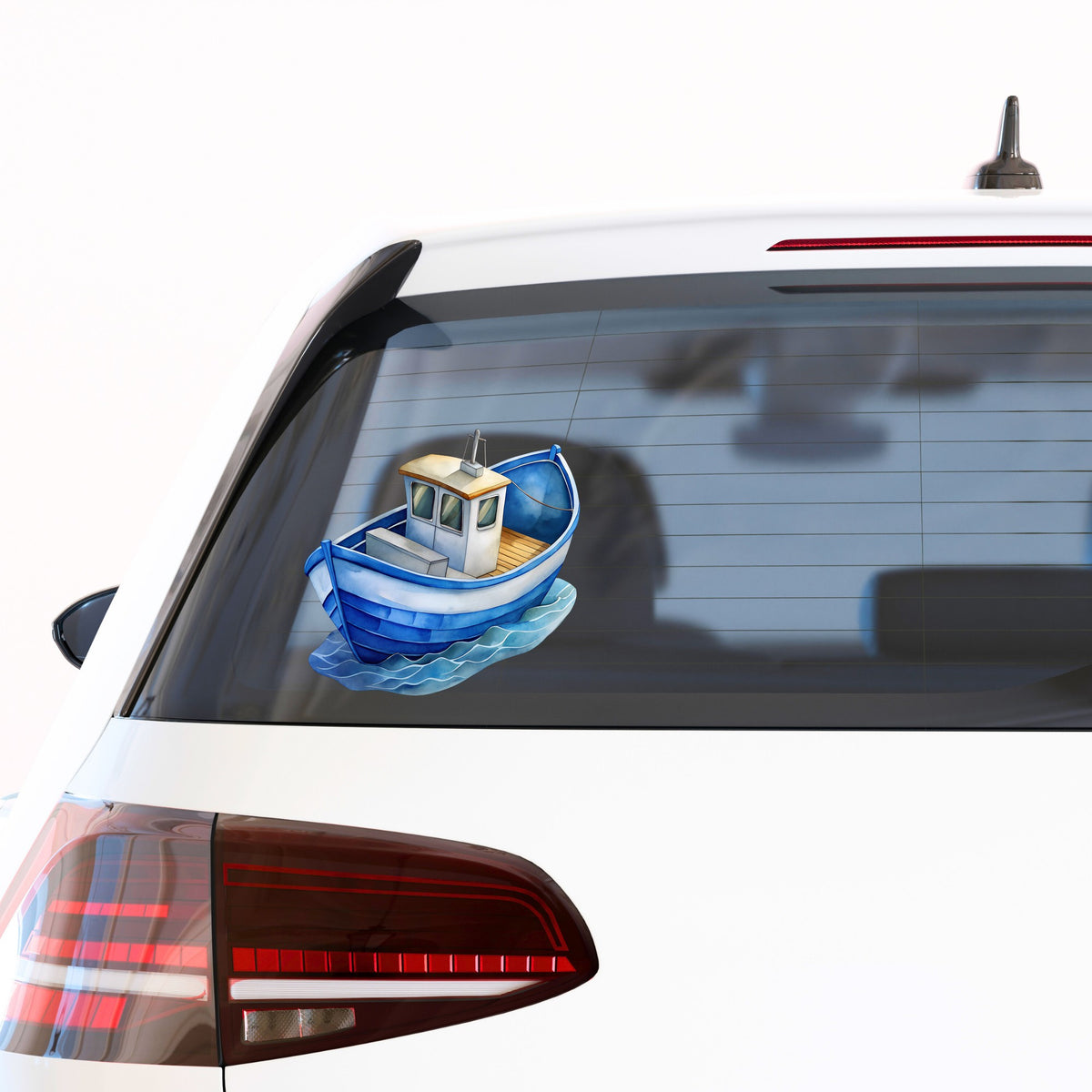 Blue Fishing Boat On Waves UV DTF sticker applied to the rear window of a white car