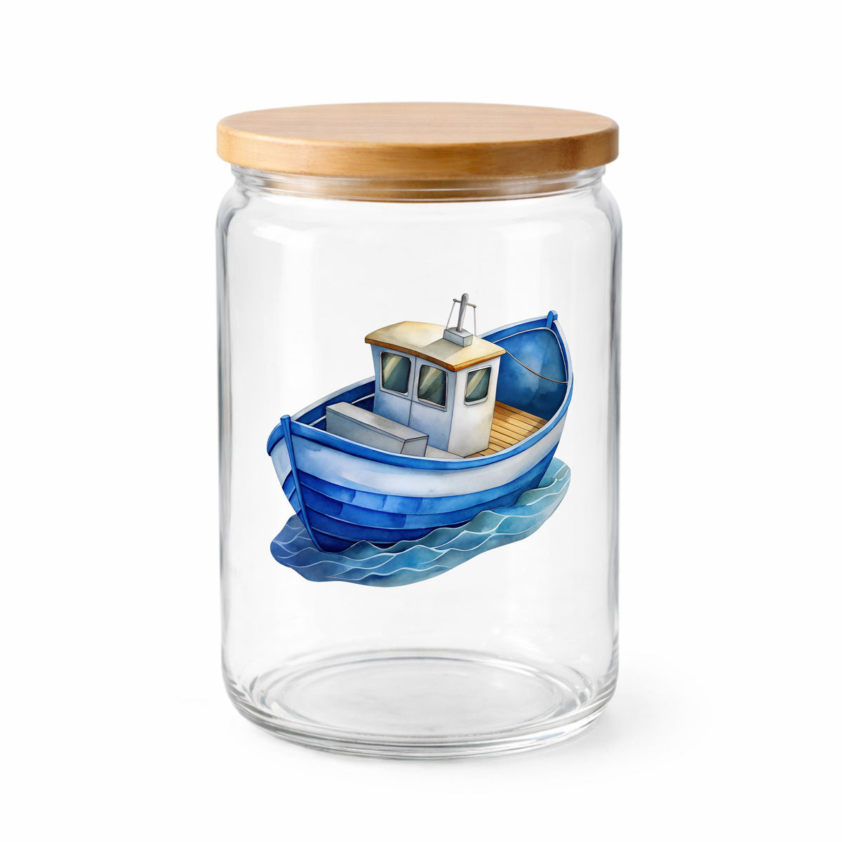 Blue Fishing Boat On Waves UV DTF sticker applied to a clear glass jar with a wooden lid
