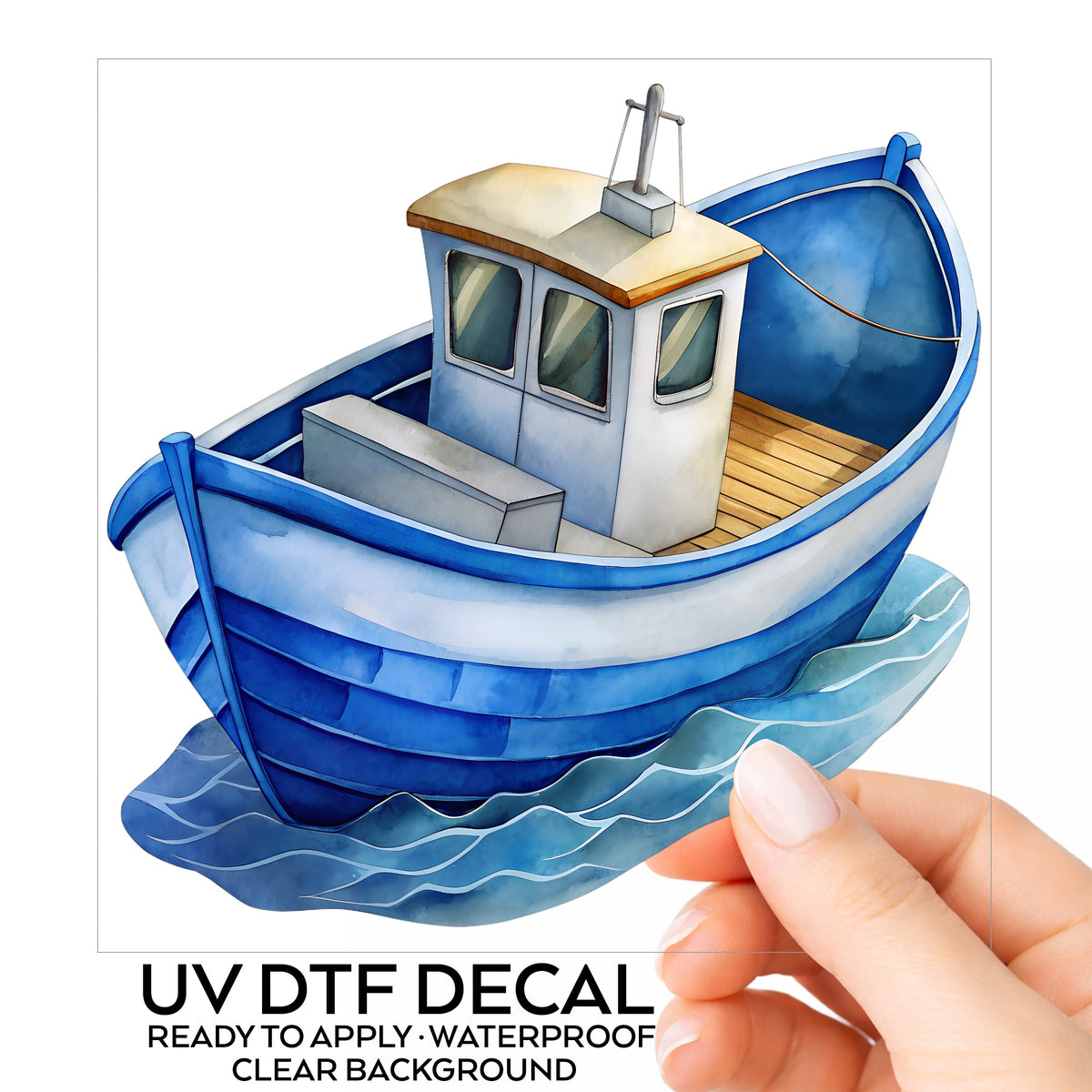 Blue Fishing Boat On Waves UV DTF sticker on its backing card, held in hand