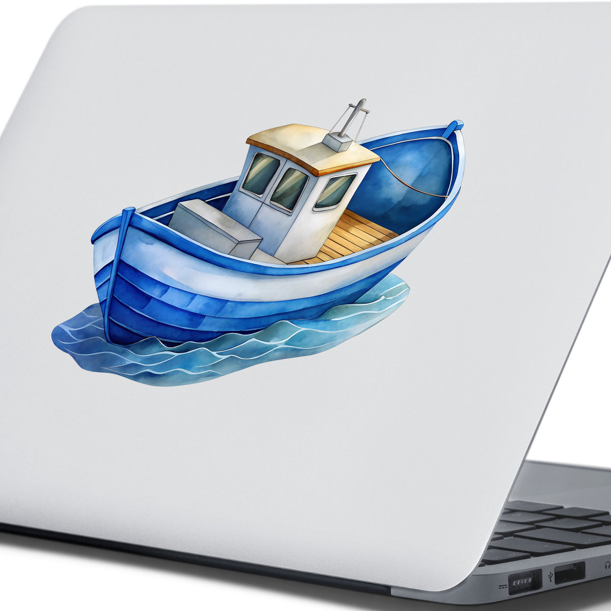 Blue Fishing Boat On Waves UV DTF sticker applied to the lid of a silver laptop