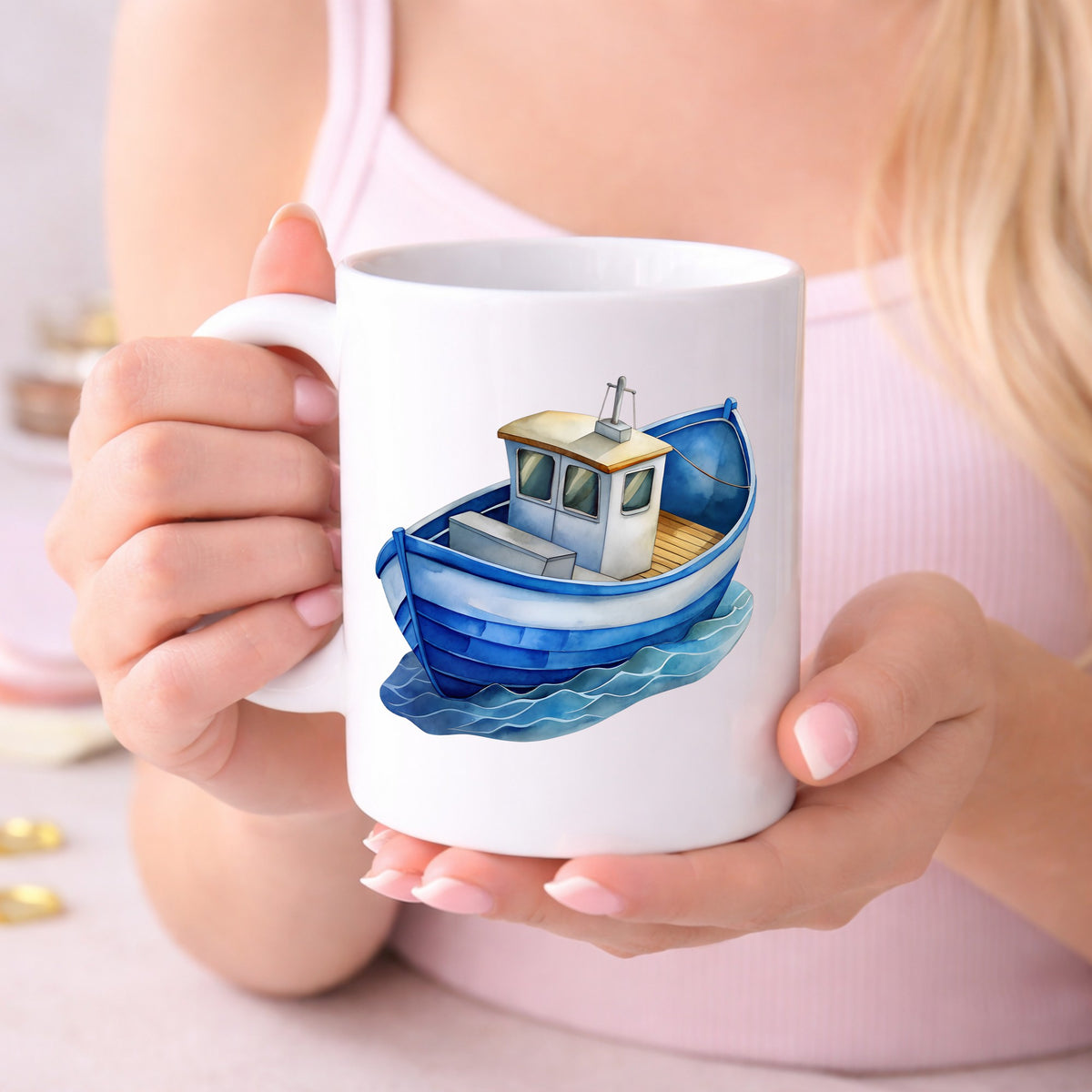 Blue Fishing Boat On Waves UV DTF sticker applied to a white coffee mug held in both hands