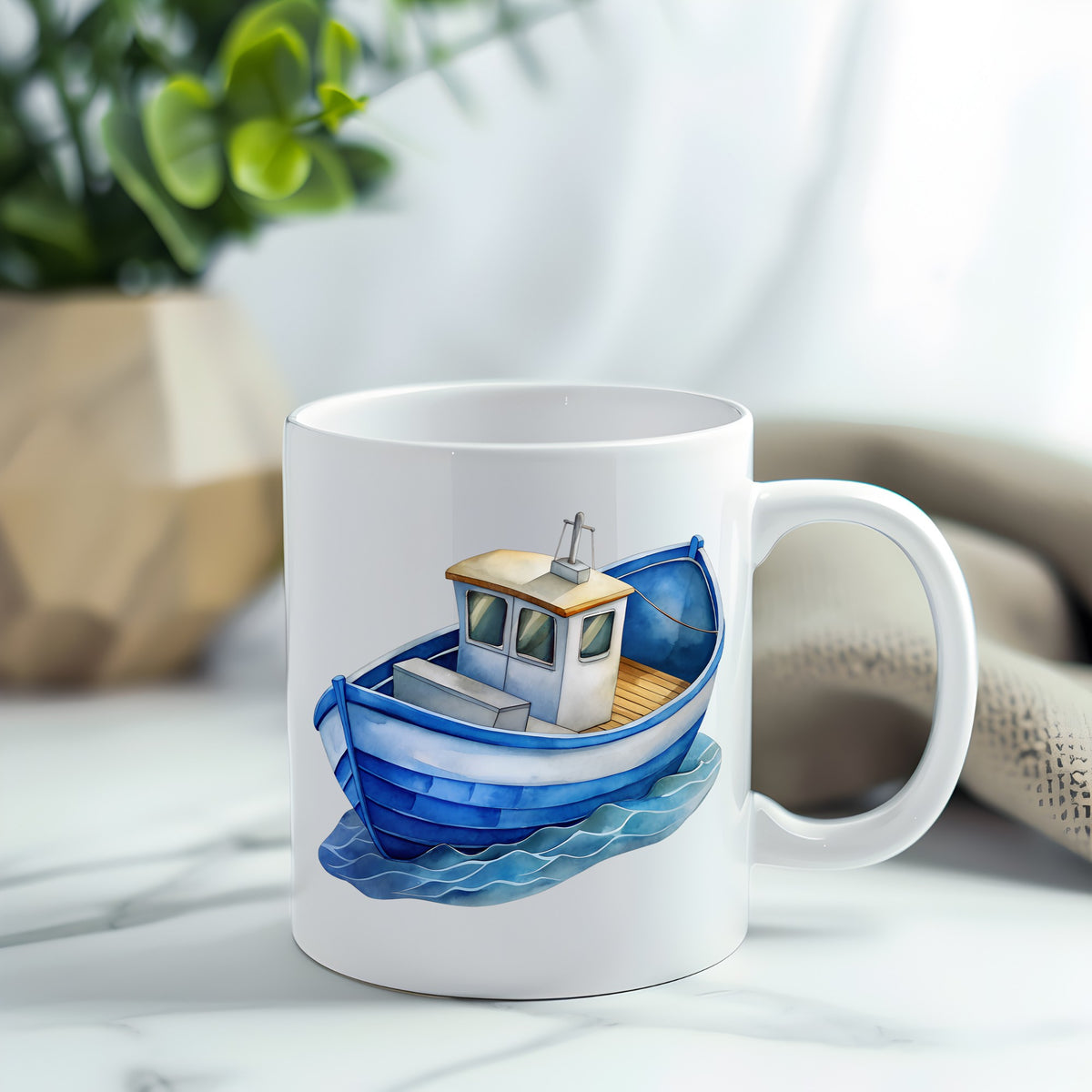 Blue Fishing Boat On Waves UV DTF sticker applied to a white coffee mug