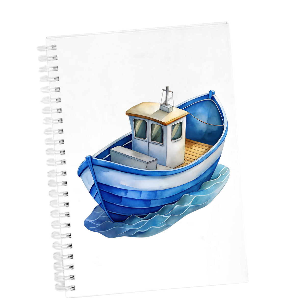 Blue Fishing Boat On Waves UV DTF sticker applied to the cover of a white spiral journal