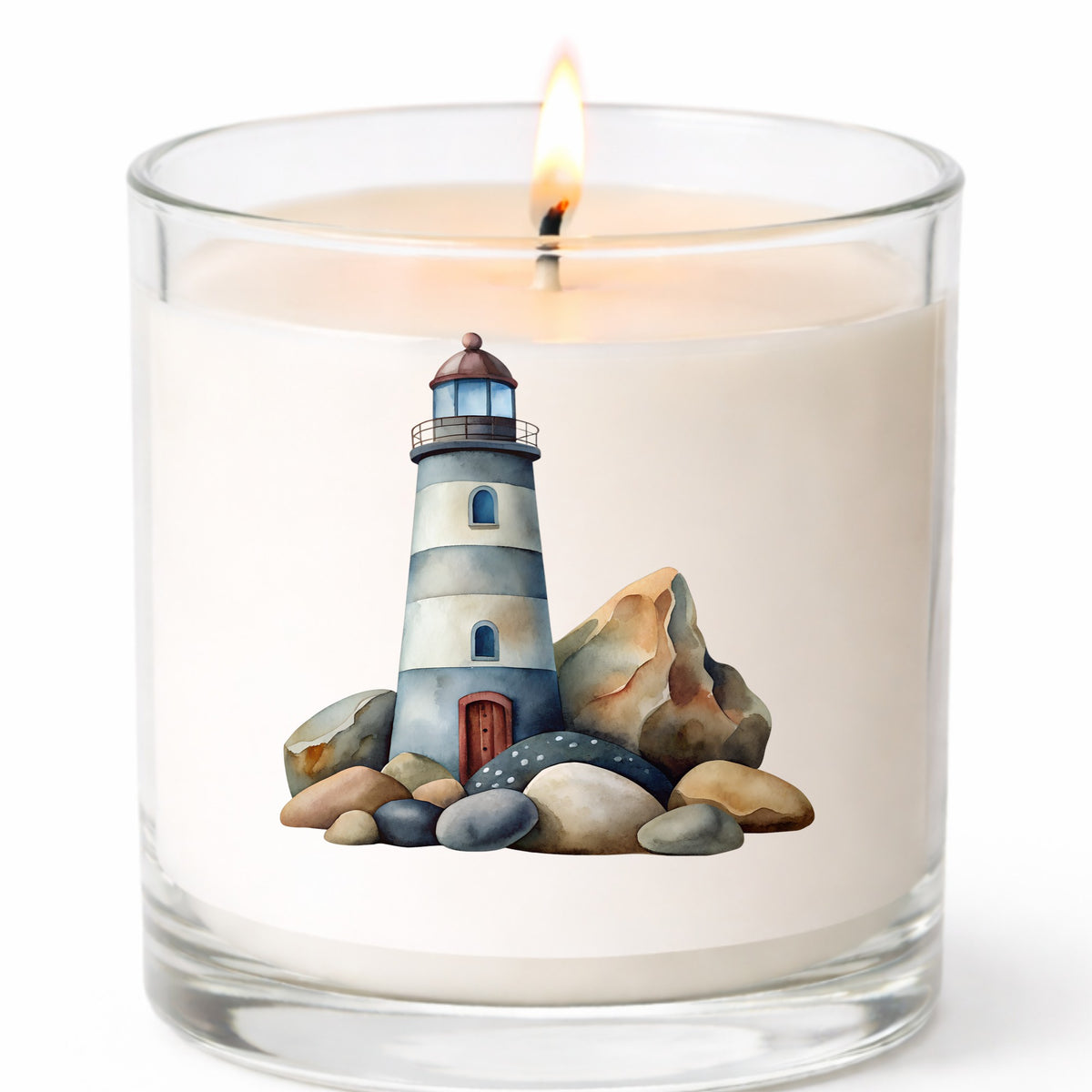 Lighthouse On Rocky Shore UV DTF sticker applied to a white candle in a clear glass jar