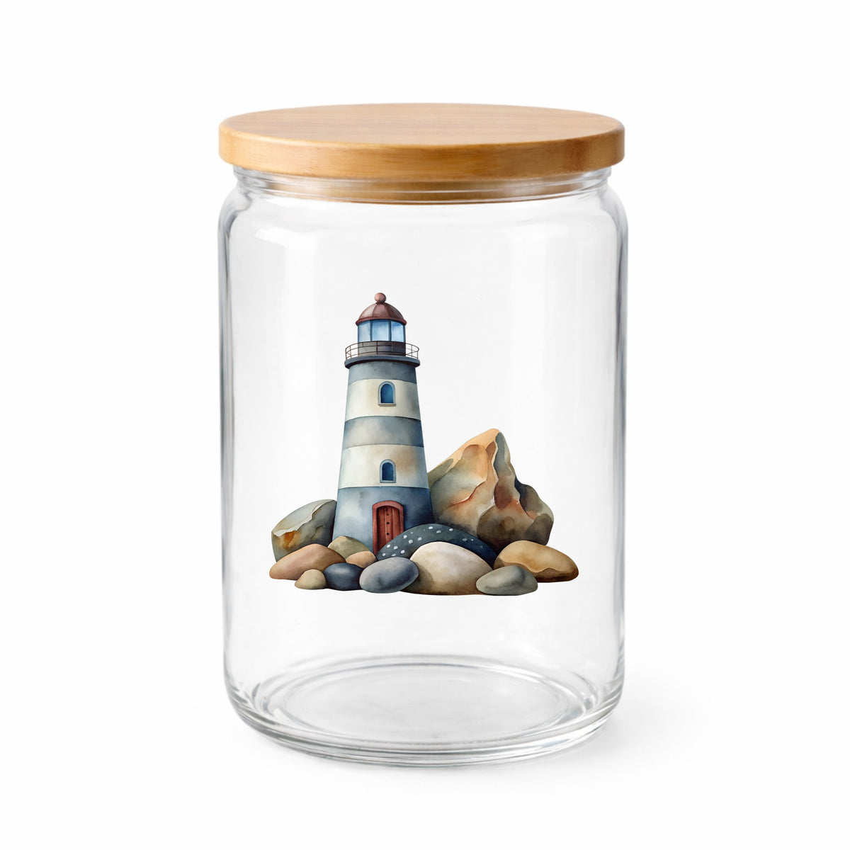 Lighthouse On Rocky Shore UV DTF sticker applied to a clear glass jar with a wooden lid