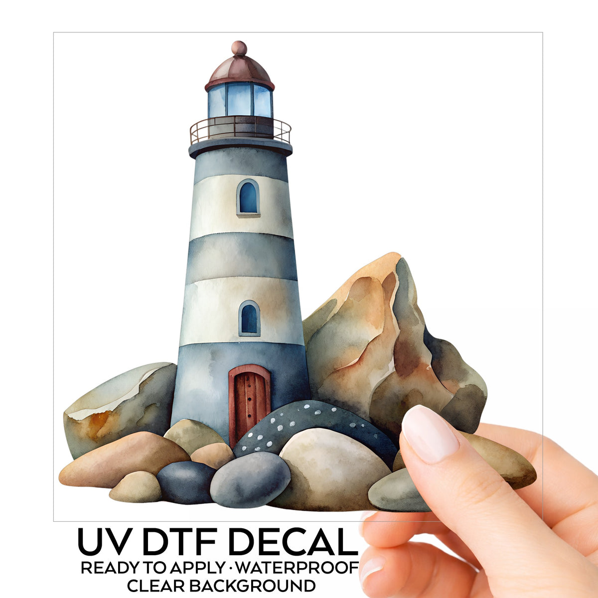 Lighthouse On Rocky Shore UV DTF sticker on its backing card, held in hand
