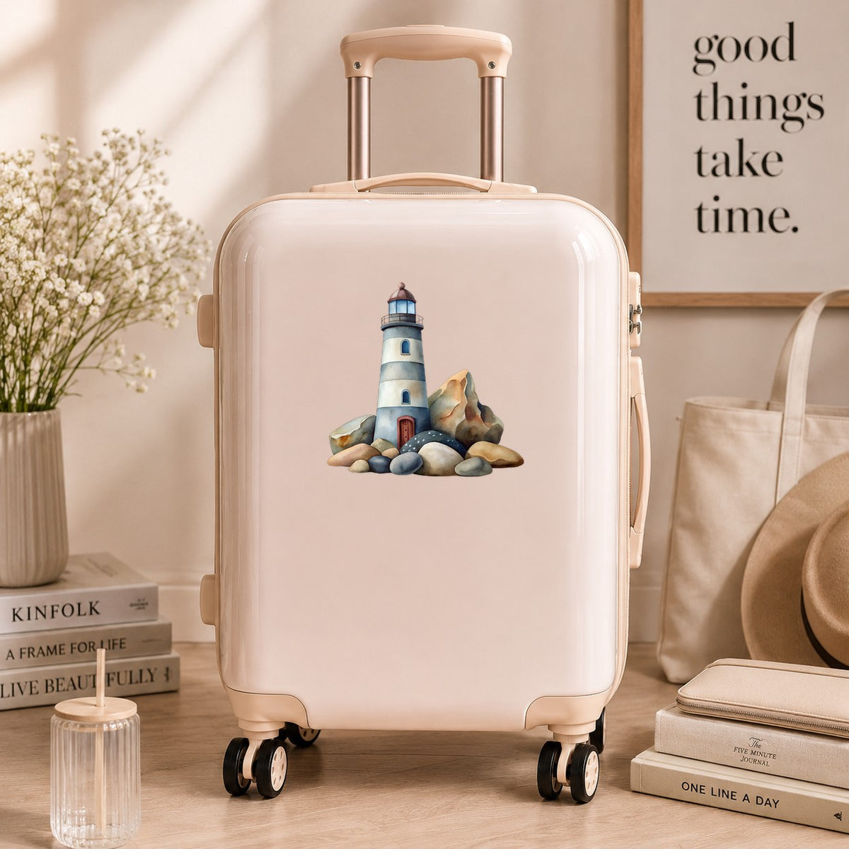 Lighthouse On Rocky Shore UV DTF sticker applied to a cream carry-on suitcase
