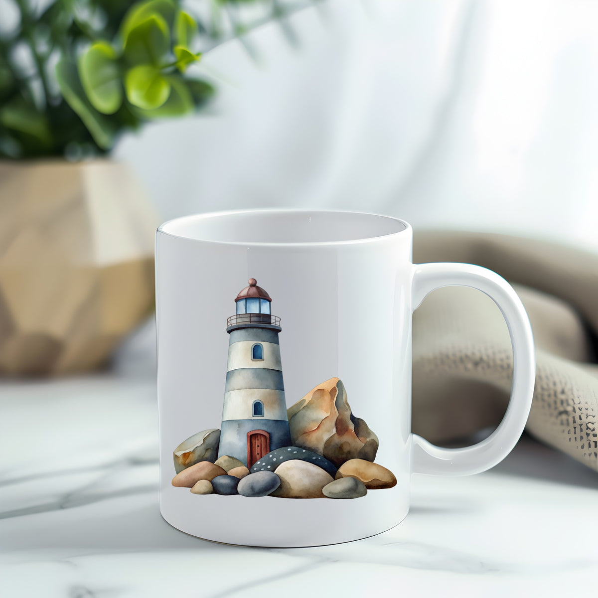 Lighthouse On Rocky Shore UV DTF sticker applied to a white coffee mug