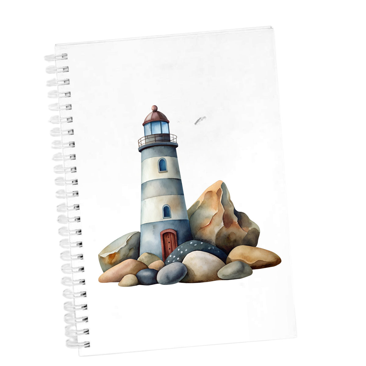 Lighthouse On Rocky Shore UV DTF sticker applied to the cover of a white spiral journal