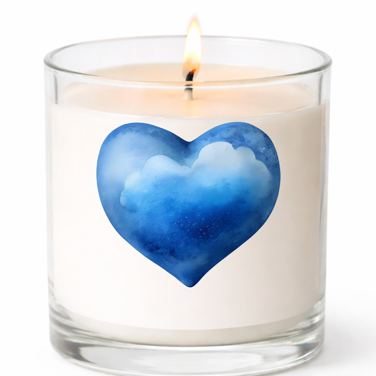 Blue Watercolor Heart With Clouds UV DTF sticker applied to a white candle in a clear glass jar
