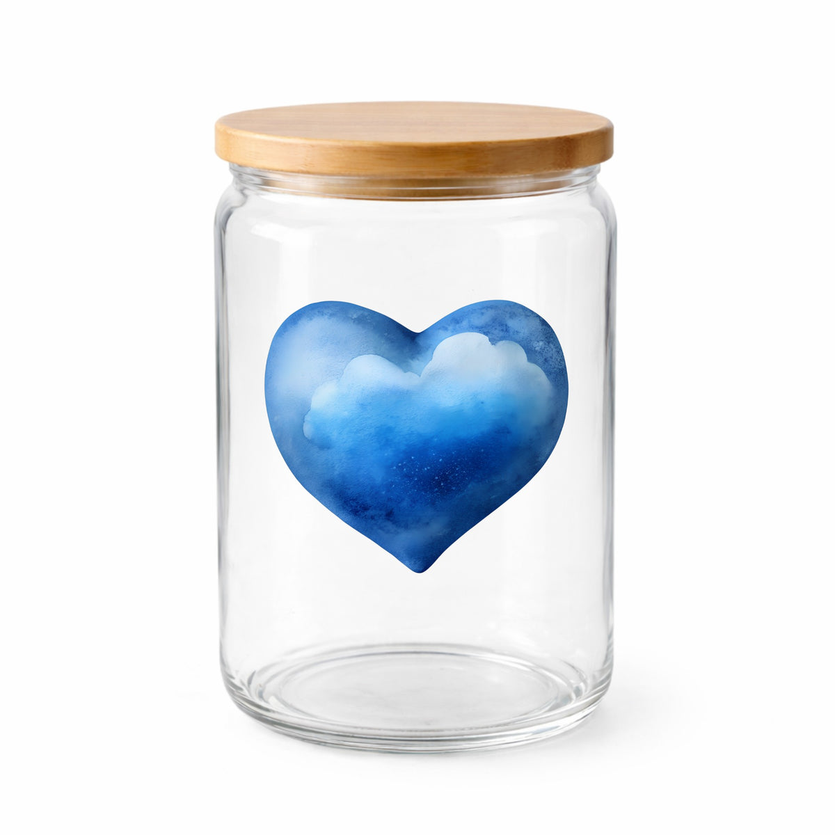 Blue Watercolor Heart With Clouds UV DTF sticker applied to a clear glass jar with a wooden lid