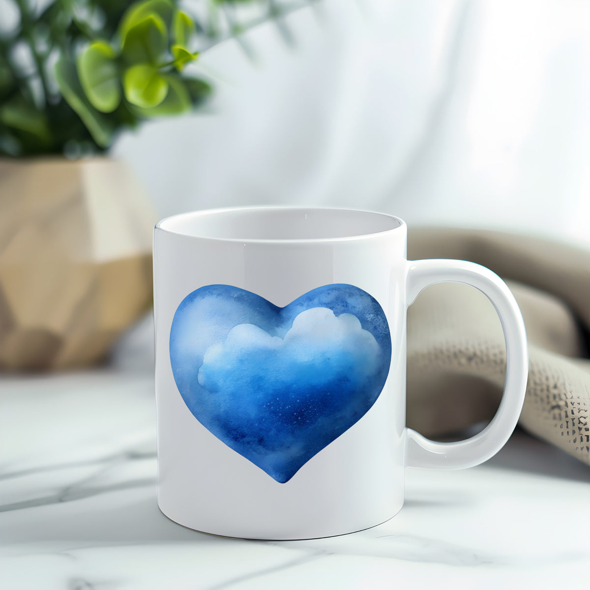 Blue Watercolor Heart With Clouds UV DTF sticker applied to a white coffee mug