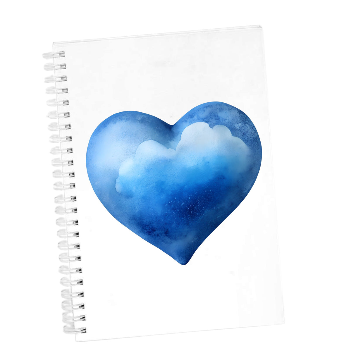 Blue Watercolor Heart With Clouds UV DTF sticker applied to the cover of a white spiral journal