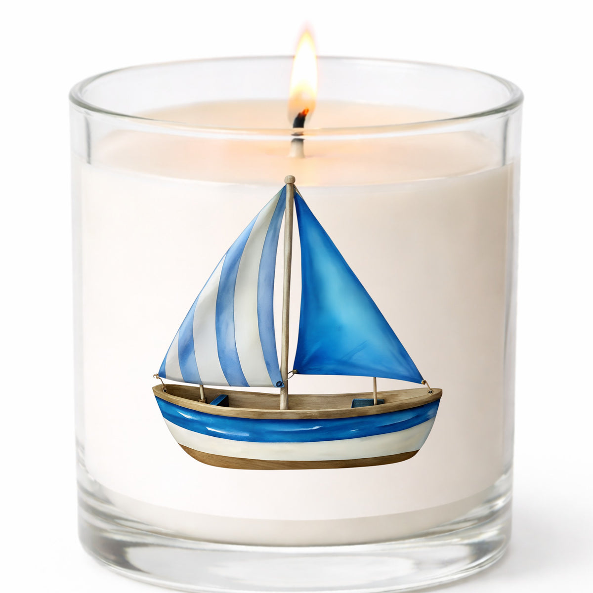 Blue Striped Sailboat UV DTF sticker applied to a white candle in a clear glass jar