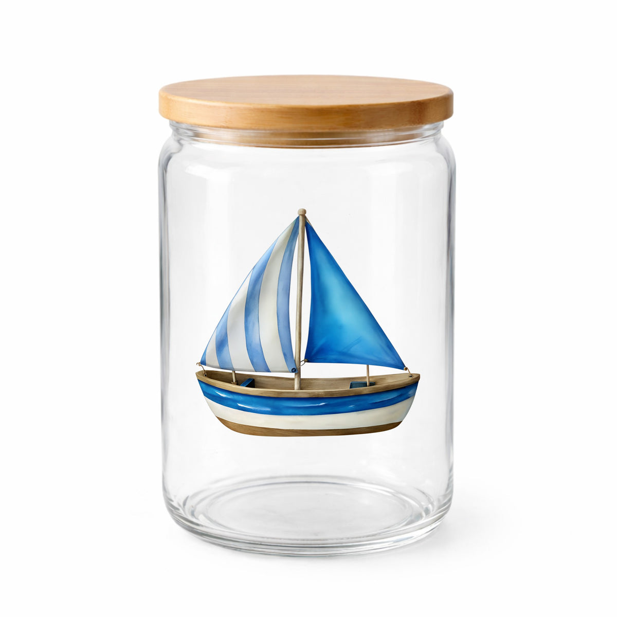 Blue Striped Sailboat UV DTF sticker applied to a clear glass jar with a wooden lid