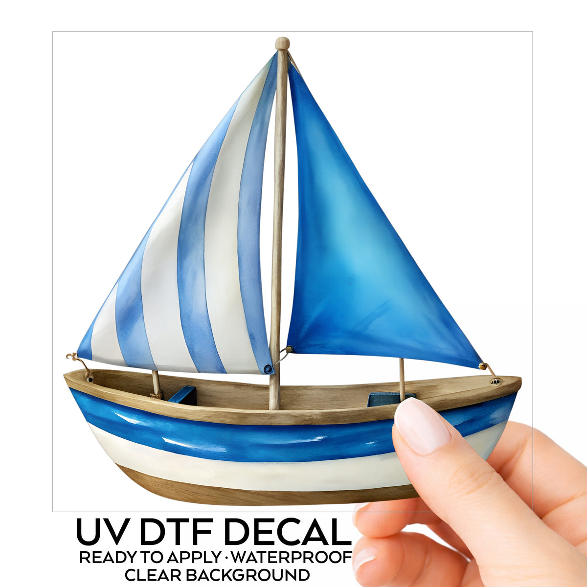 Blue Striped Sailboat UV DTF sticker on its backing card, held in hand