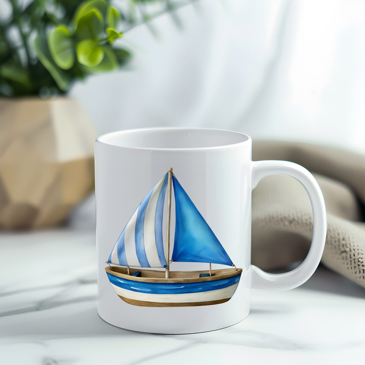 Blue Striped Sailboat UV DTF sticker applied to a white coffee mug