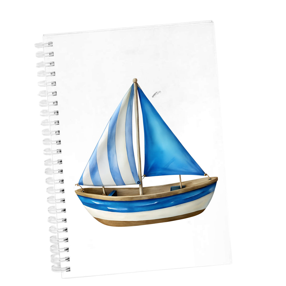 Blue Striped Sailboat UV DTF sticker applied to the cover of a white spiral journal