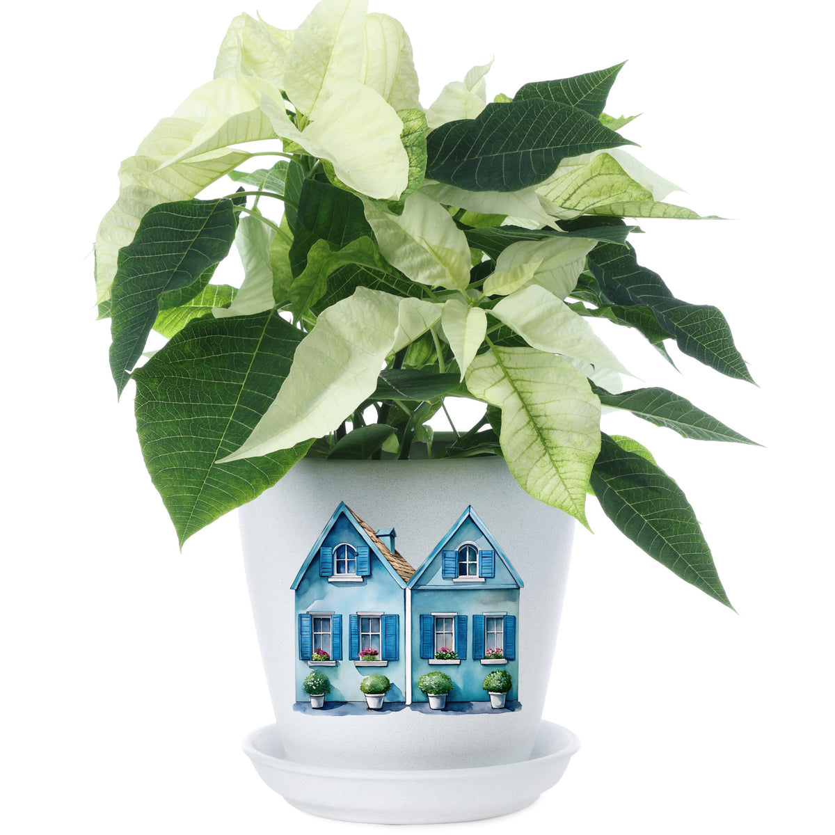 Two Blue Coastal Cottages UV DTF sticker applied to a white flower pot