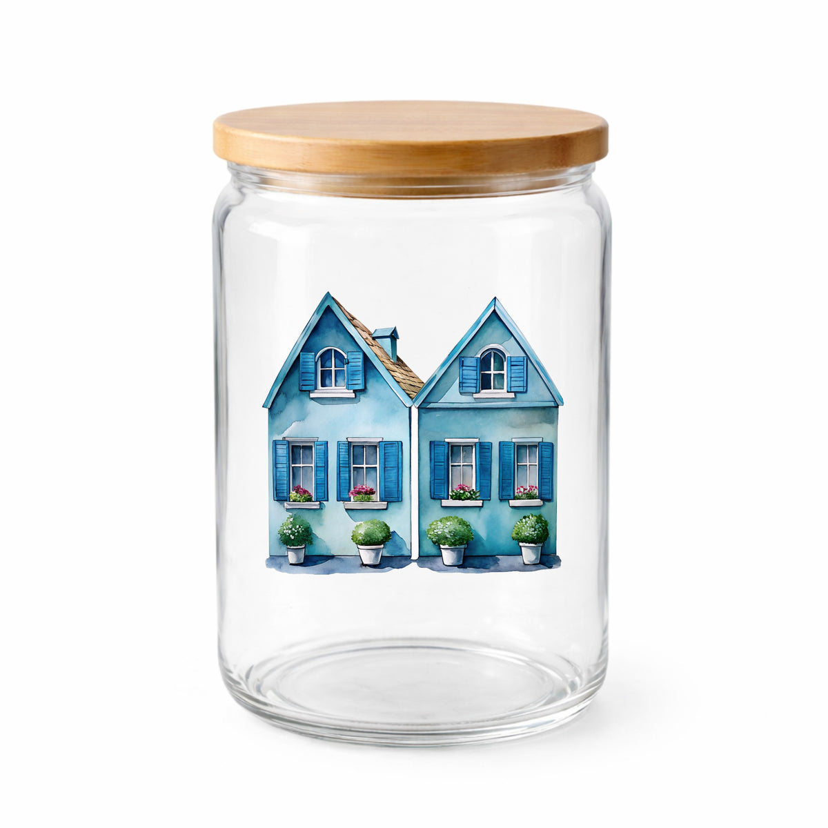 Two Blue Coastal Cottages UV DTF sticker applied to a clear glass jar with a wooden lid