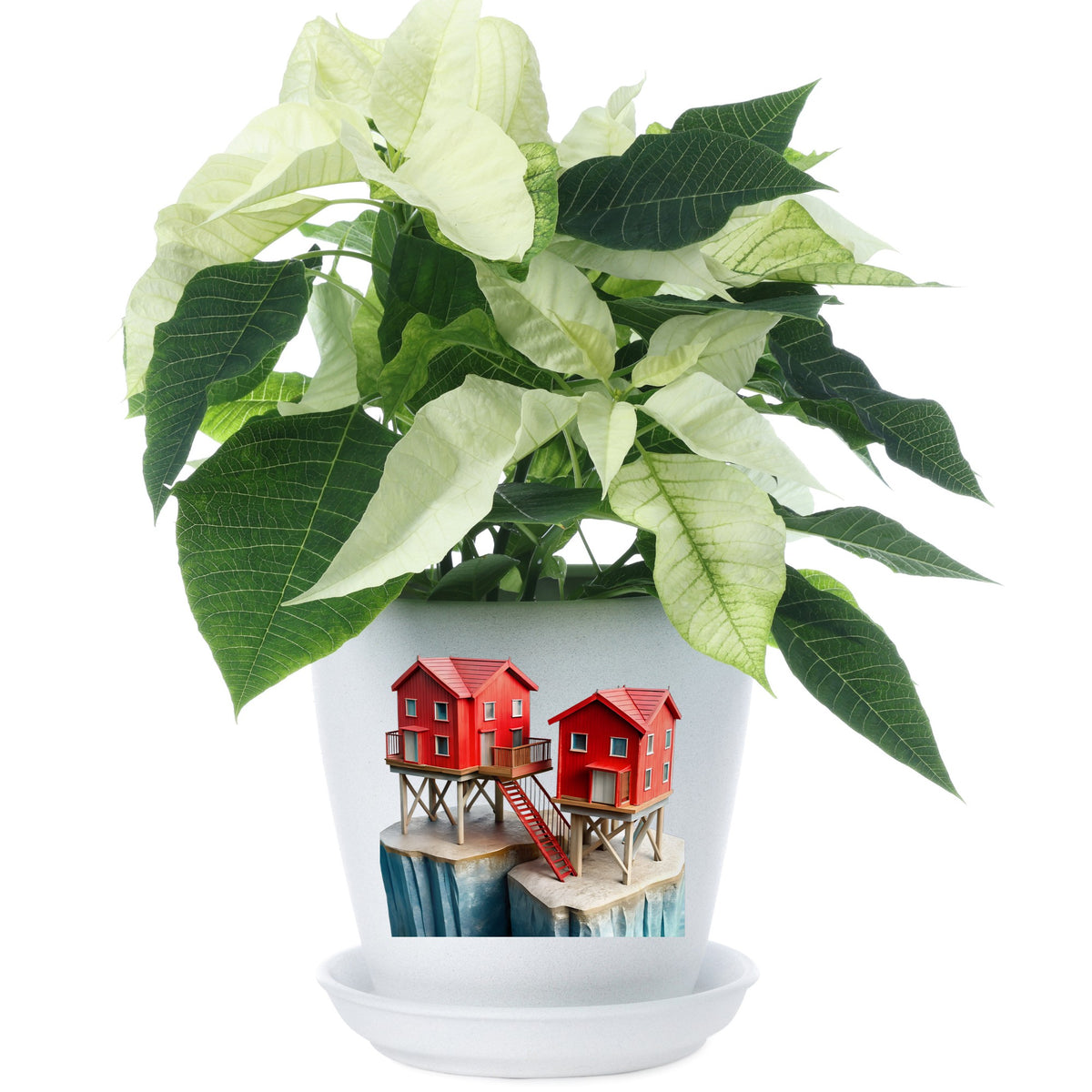 Red Houses On Stilts Cliff UV DTF sticker applied to a white flower pot