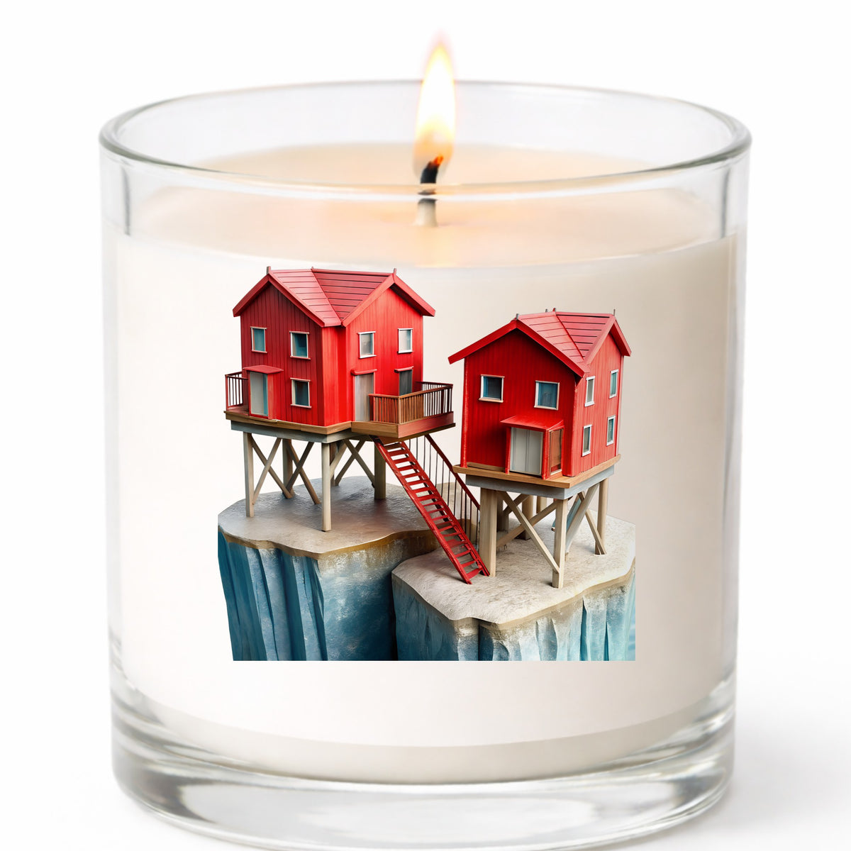 Red Houses On Stilts Cliff UV DTF sticker applied to a white candle in a clear glass jar
