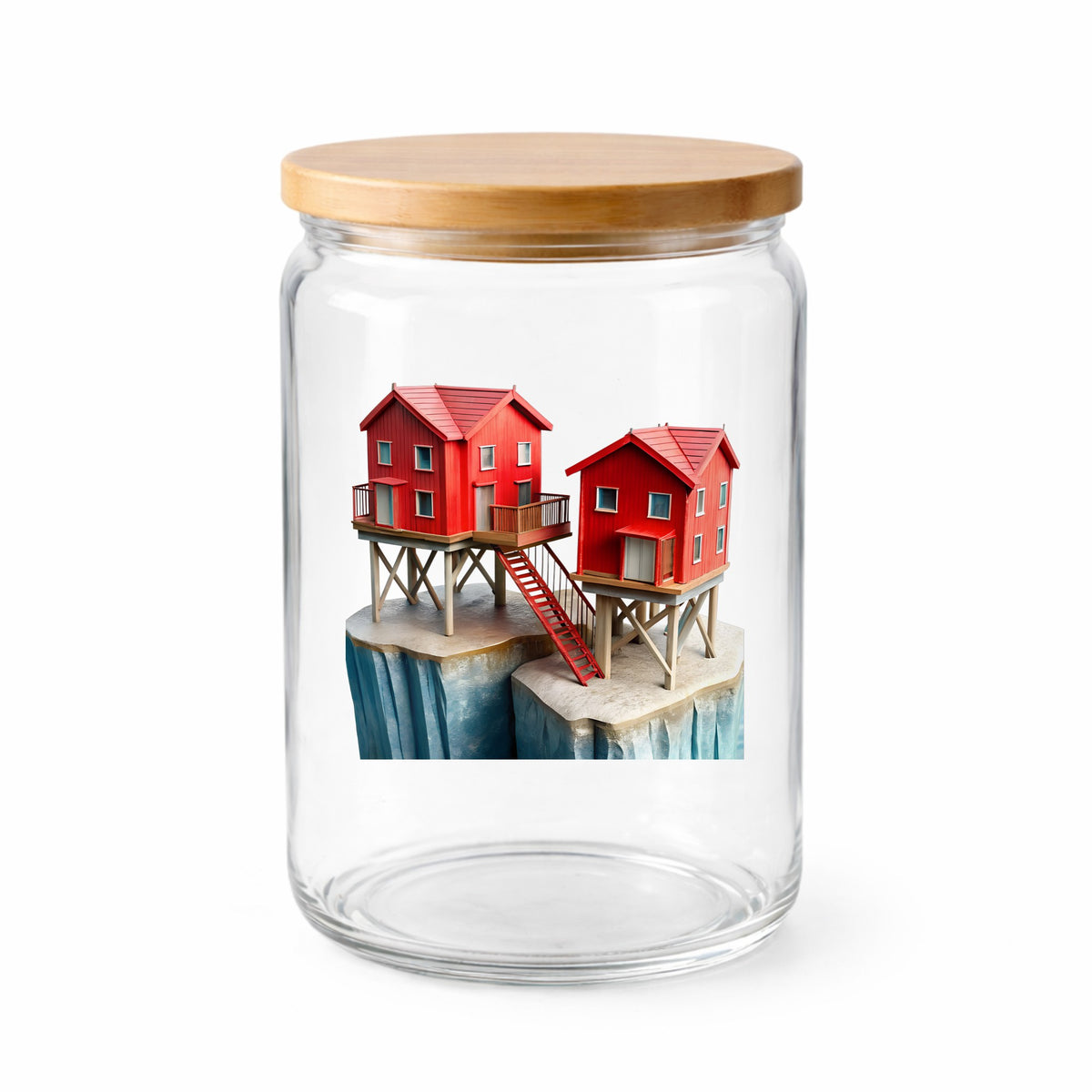 Red Houses On Stilts Cliff UV DTF sticker applied to a clear glass jar with a wooden lid