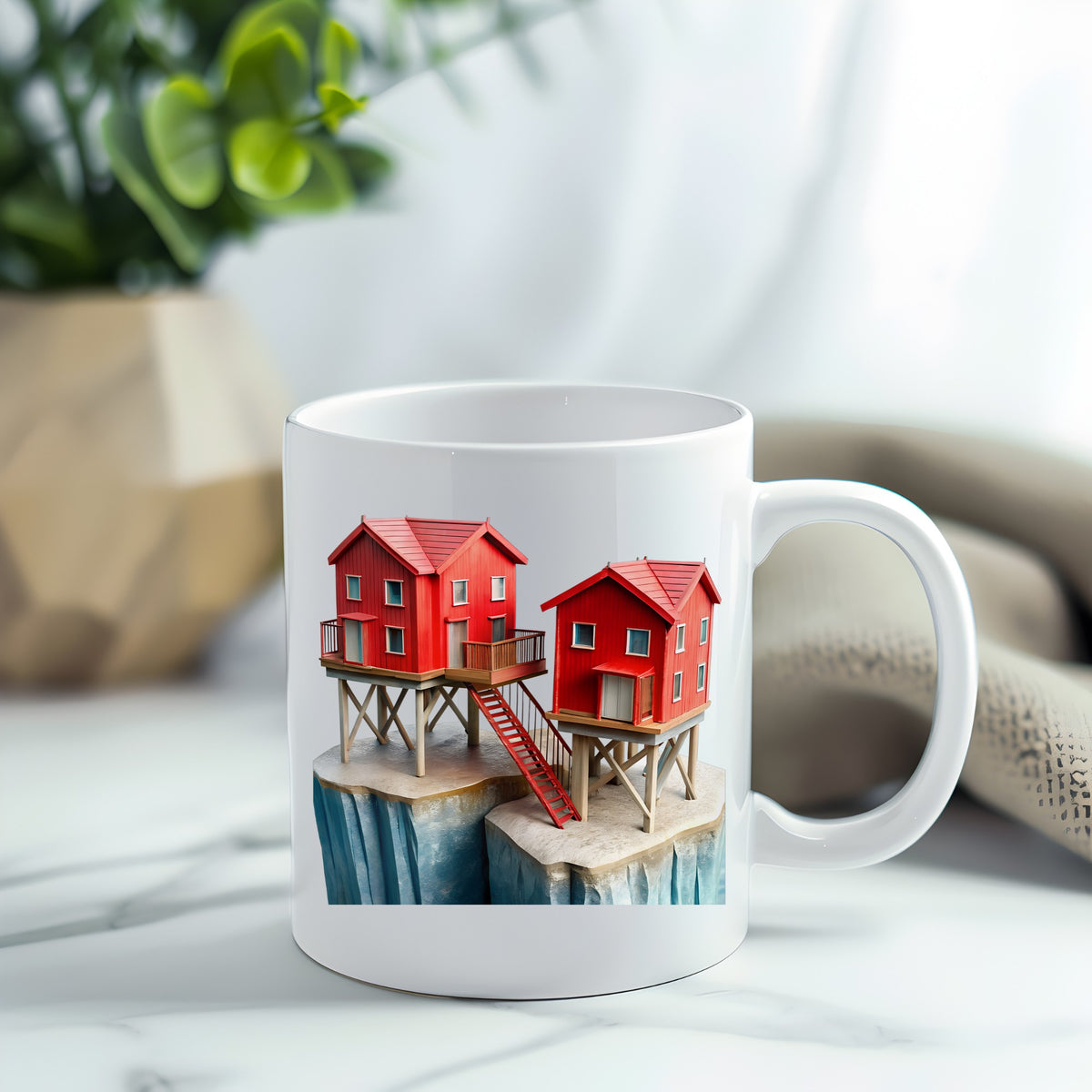 Red Houses On Stilts Cliff UV DTF sticker applied to a white coffee mug