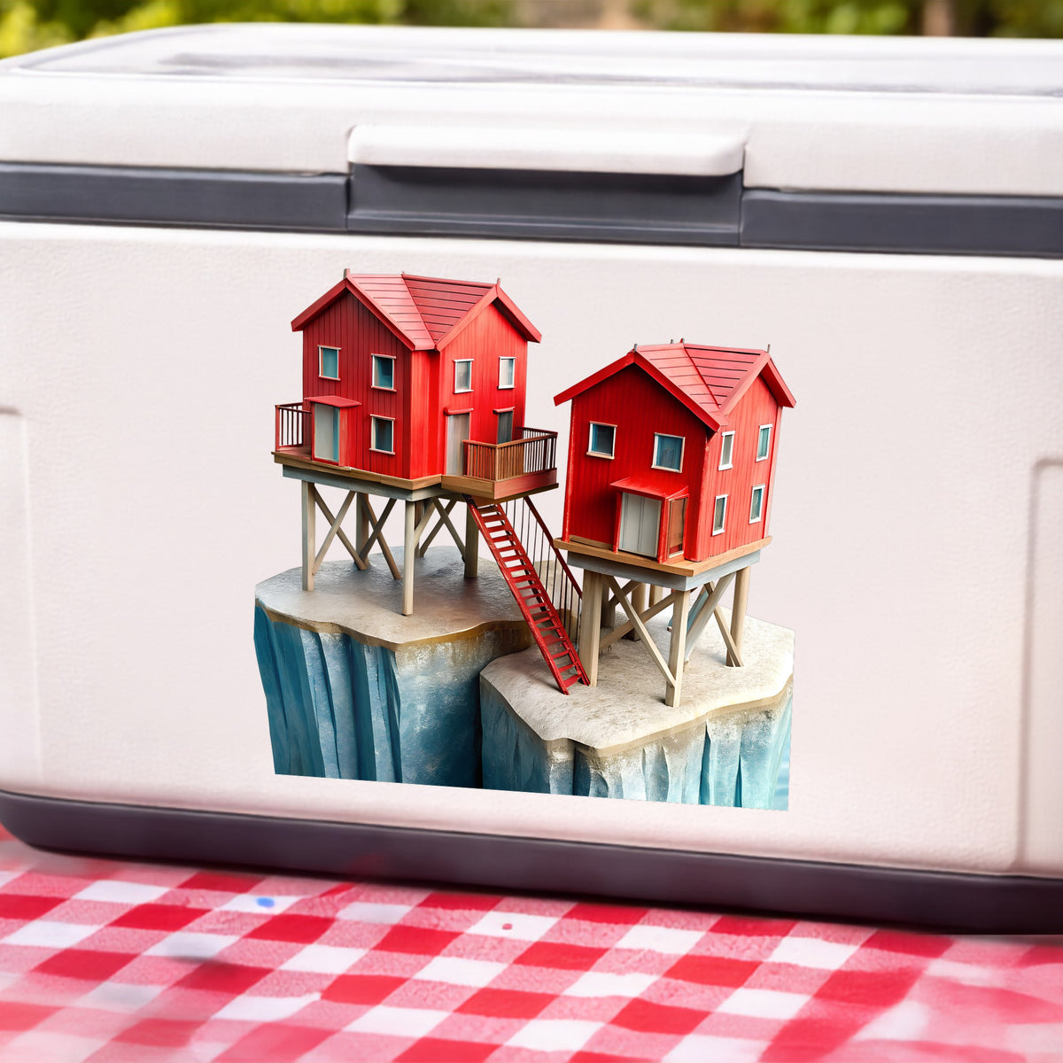 Red Houses On Stilts Cliff UV DTF sticker applied to a white cooler on a red gingham cloth