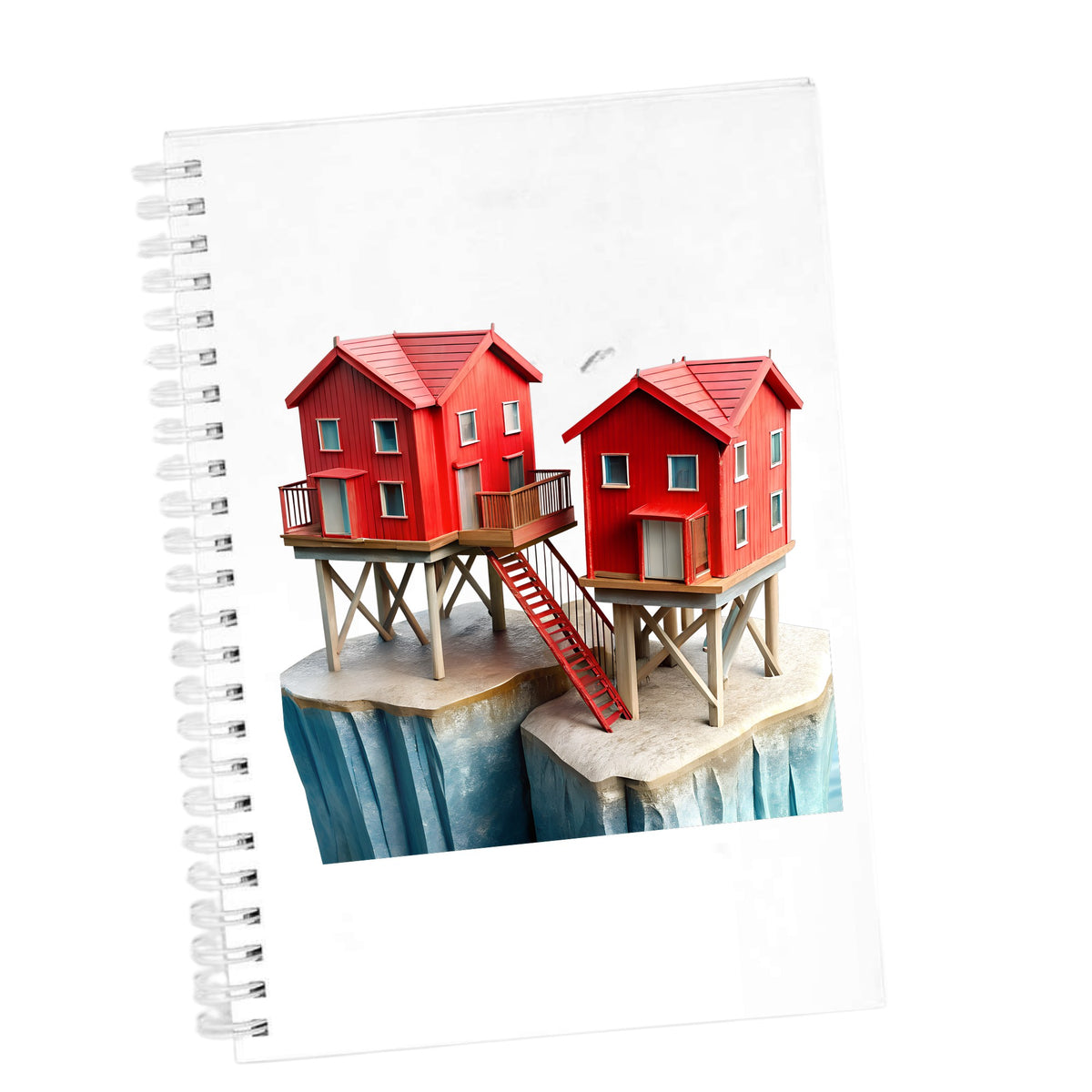 Red Houses On Stilts Cliff UV DTF sticker applied to the cover of a white spiral journal