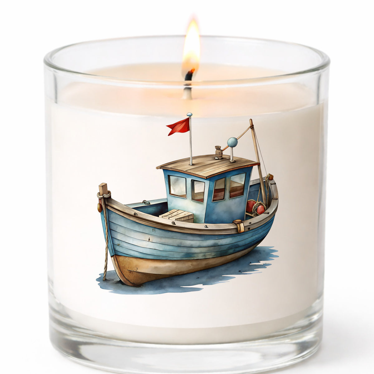 Wooden Fishing Boat With Red Flag UV DTF sticker applied to a white candle in a clear glass jar
