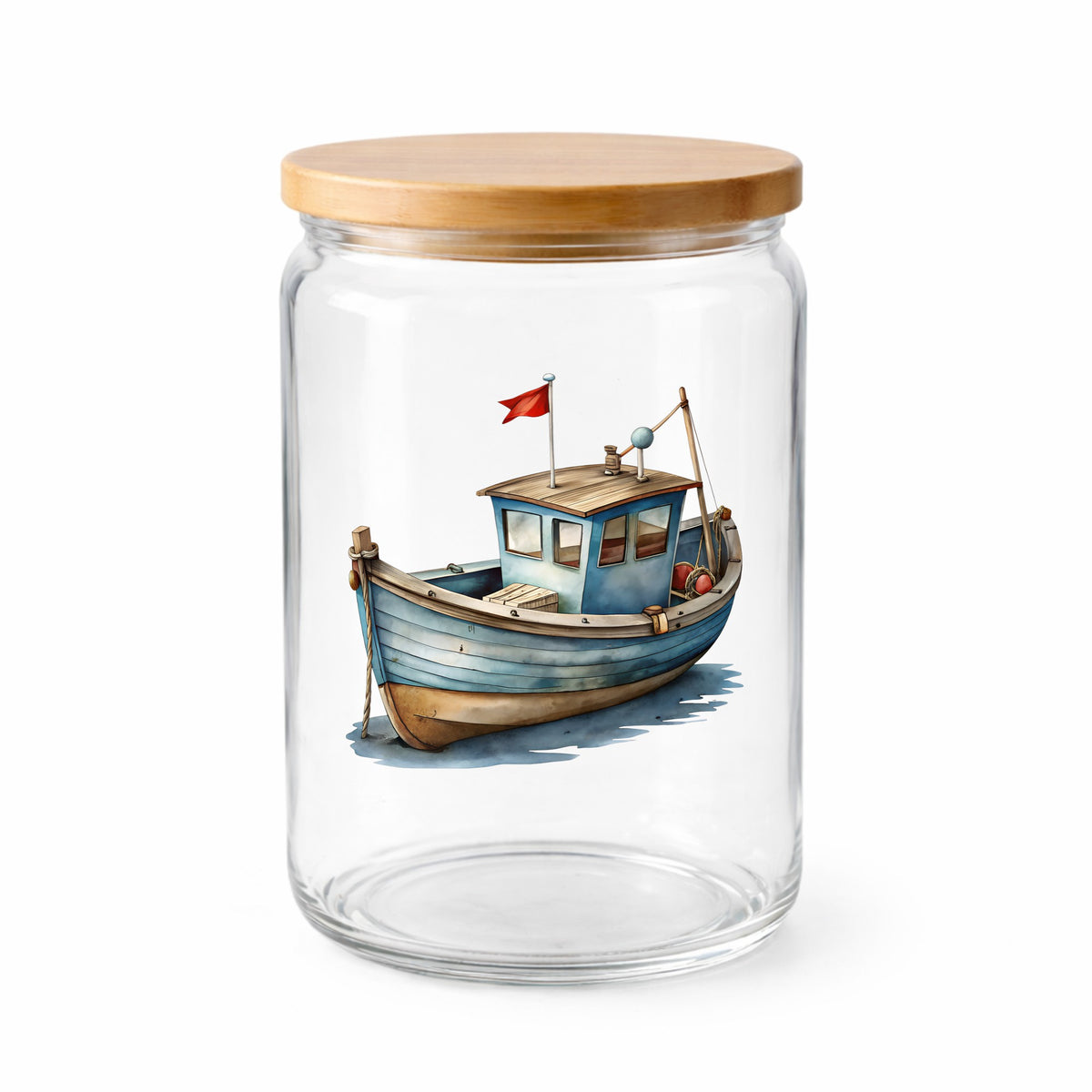 Wooden Fishing Boat With Red Flag UV DTF sticker applied to a clear glass jar with a wooden lid