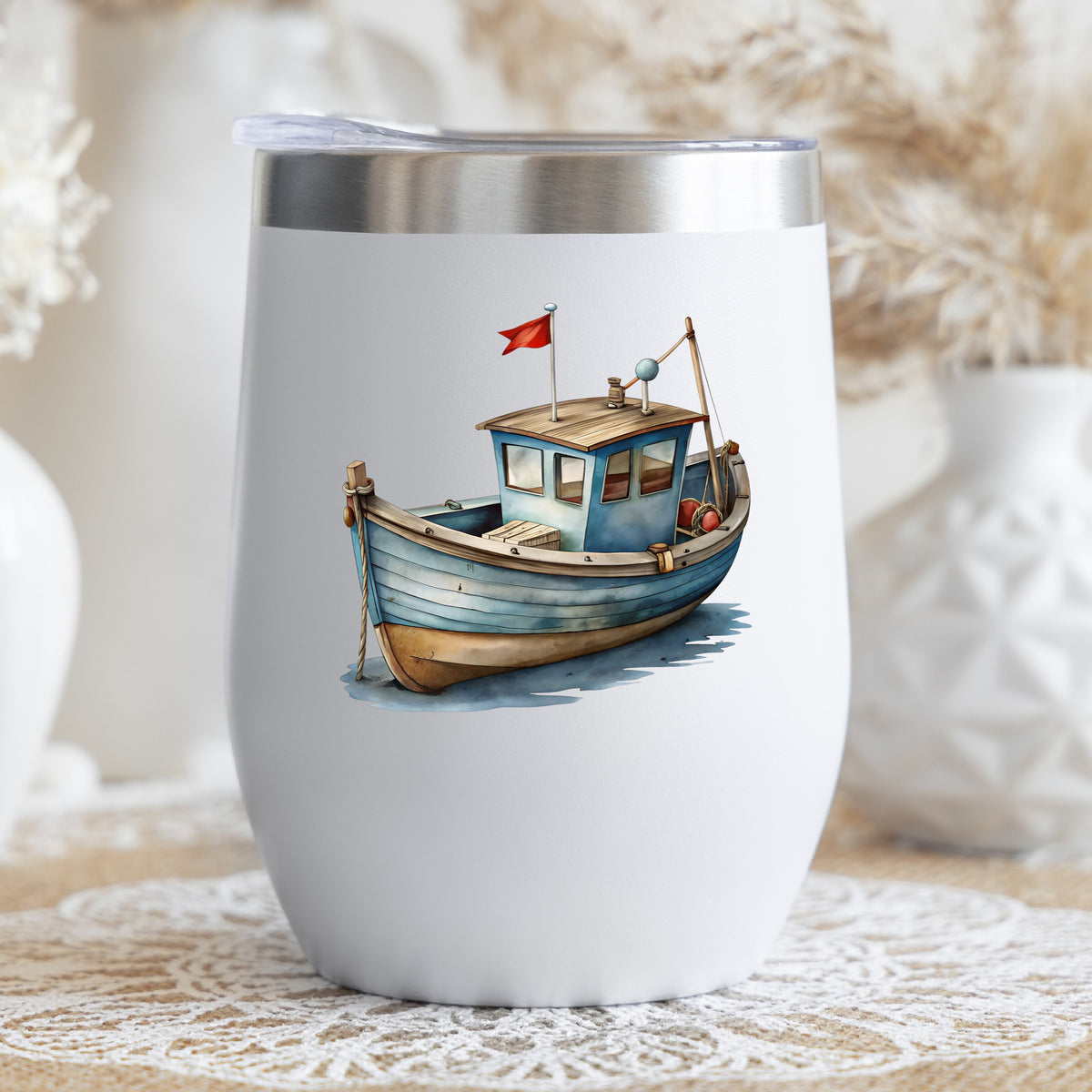 Wooden Fishing Boat With Red Flag UV DTF sticker applied to a white stemless tumbler with a lid