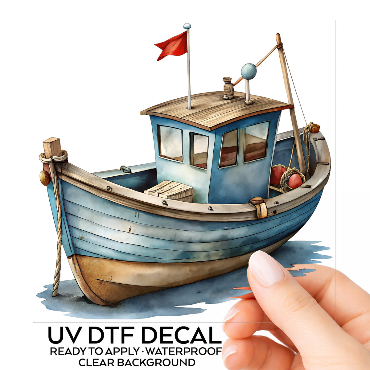 Wooden Fishing Boat With Red Flag UV DTF sticker on its backing card, held in hand