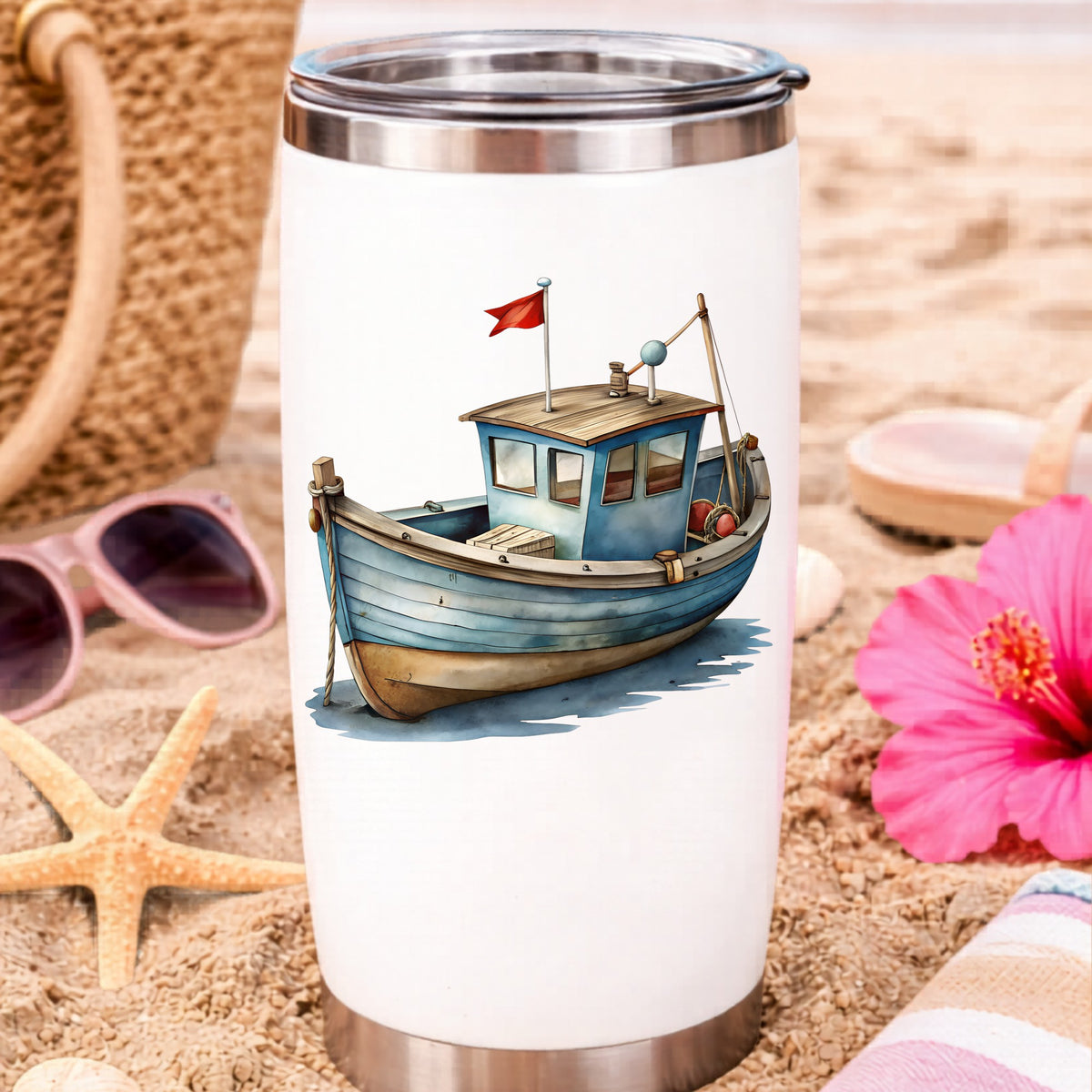 Wooden Fishing Boat With Red Flag UV DTF sticker applied to a white travel tumbler on beach sand