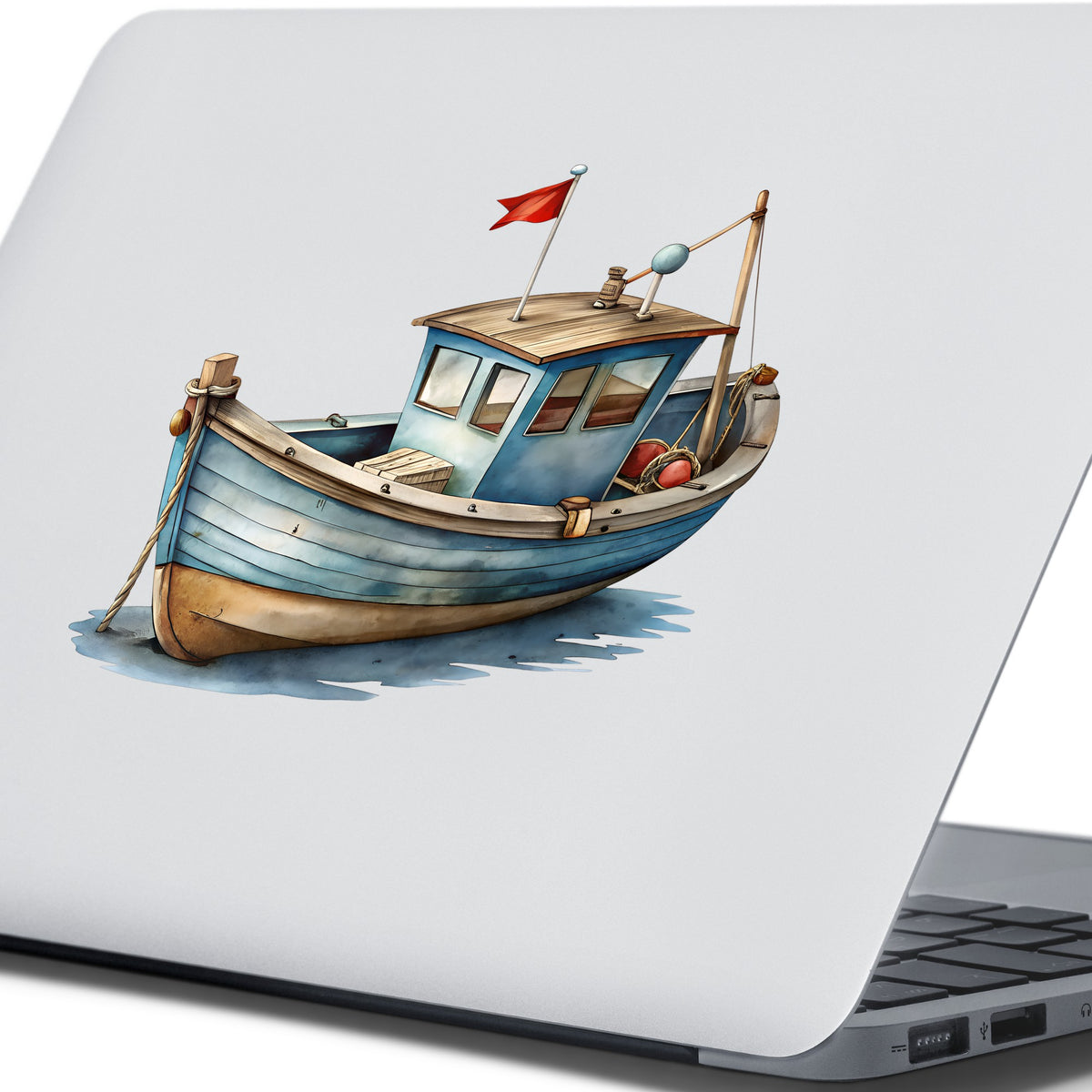 Wooden Fishing Boat With Red Flag UV DTF sticker applied to the lid of a silver laptop