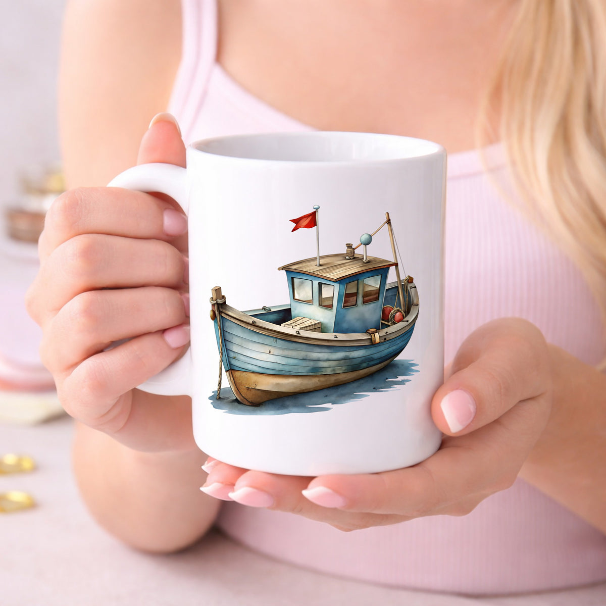 Wooden Fishing Boat With Red Flag UV DTF sticker applied to a white coffee mug held in both hands