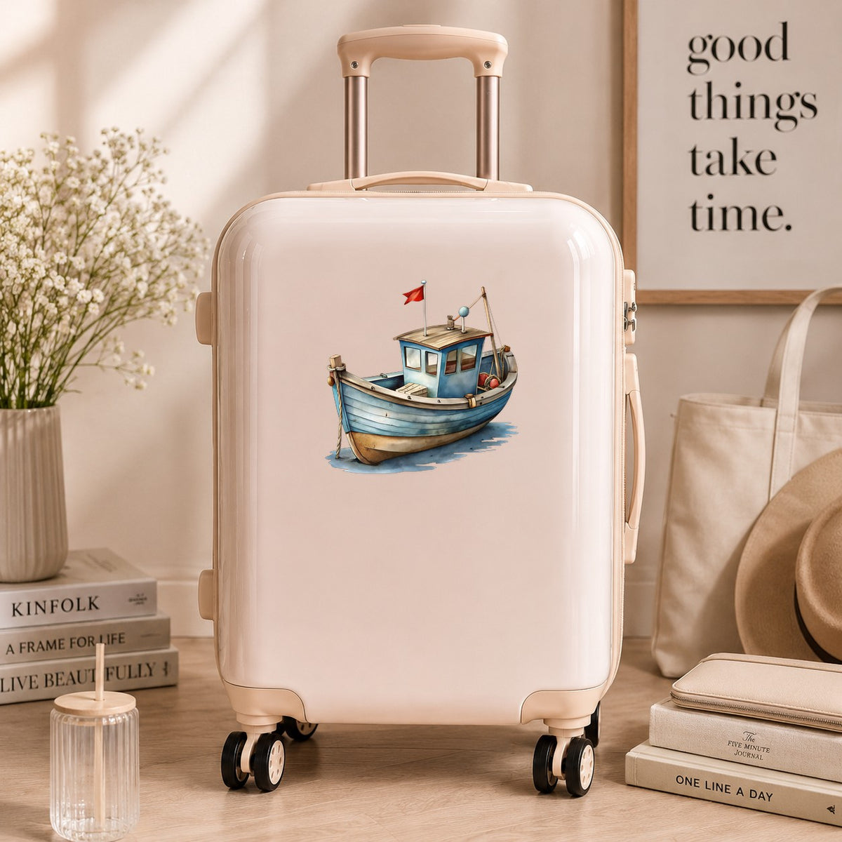 Wooden Fishing Boat With Red Flag UV DTF sticker applied to a cream carry-on suitcase