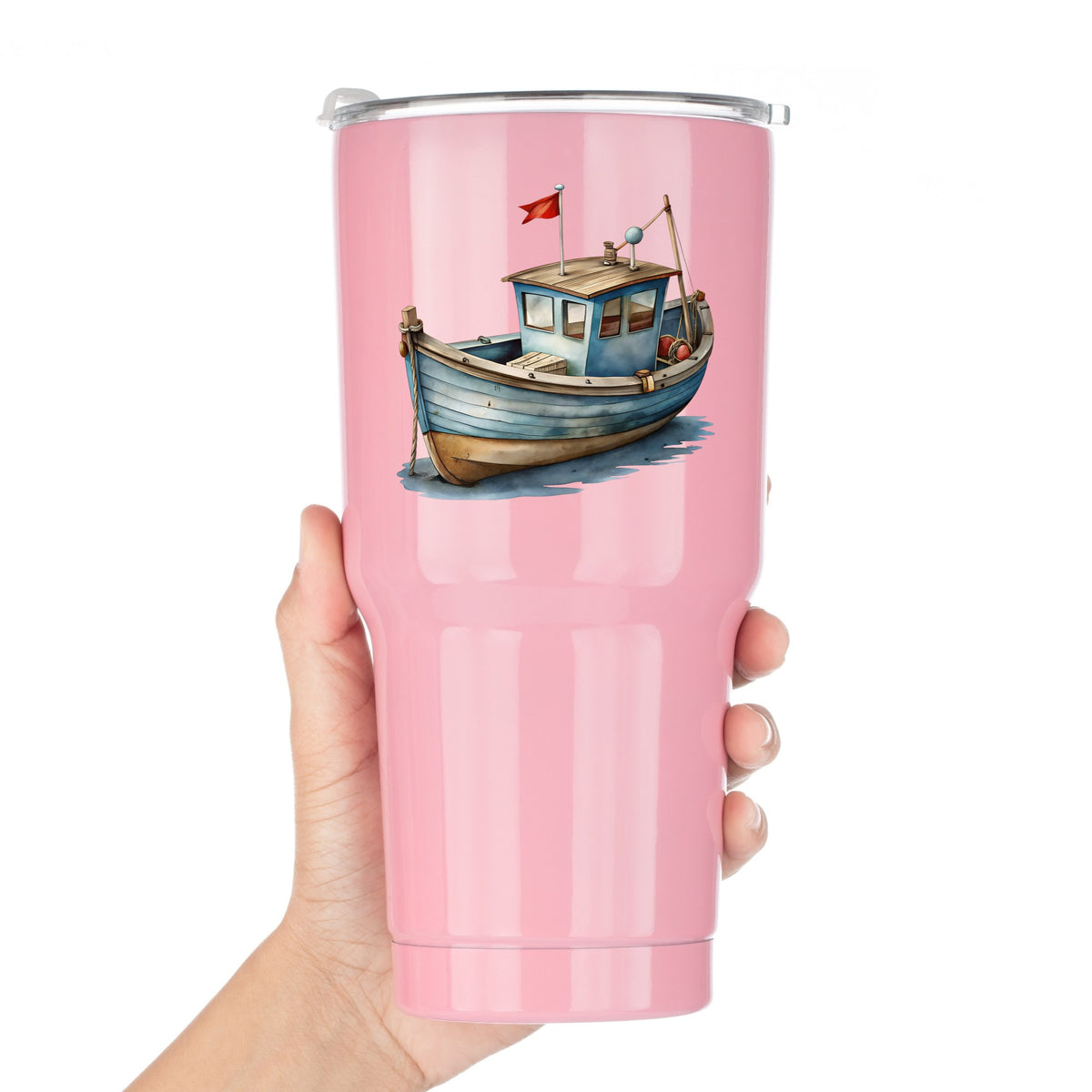 Wooden Fishing Boat With Red Flag UV DTF sticker applied to a pink tumbler held against a white background